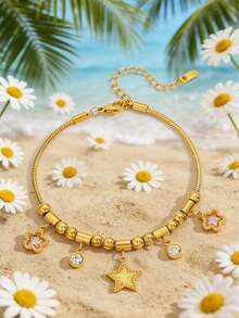 18K镀金粉色水晶吊坠手链，波西米亚风金色夏季海滩度假不锈钢可调节蛇骨链手链 - 金色 - 查看 7