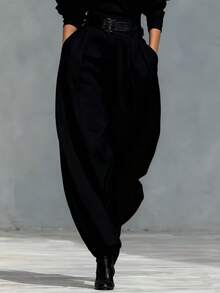 Women's Solid Color Zipper Pocket Pleated Casual Loose Pants (Belt Not Included) - Black - View 5