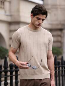 Men's Ribbed Crew Neck Short Sleeve Knit Sweater, Spring/Summer - Apricot - View 2