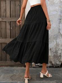 女士多层荷叶边半身裙，松紧腰带设计，休闲飘逸的夏季海滩度假装扮 - 黑色 - 查看 2
