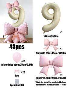 43pcs Birthday Theme 0-9 Number Balloon Set, 40-Inch Cream Color Number Foil Balloons, Pink Bow Balloons, Pink Latex Balloons, Bow Ribbon Accessories Suitable For Birthday Party, Anniversary Decoration - Birthday Suit - View 17