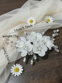 1 pieza Peine para el cabello con flor blanca de plástico ABS brillante y retro, tocado nupcial con perlas y rhinestones, adecuado para todas las estaciones, verano, playa, boda - Plateado - Ver 6