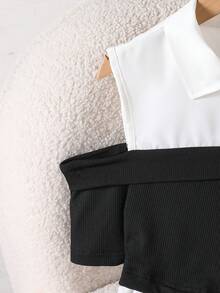 Left Mama Girls Casual Off-Shoulder Patchwork Short Sleeve Top And Straight Pants Set, Versatile For Daily Wear, Summer - Black - View 5