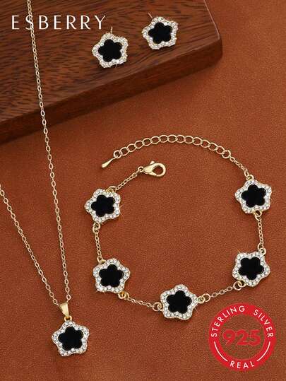 ESBERRY 4pcs/Set Korean Style Five-Petal Flower Earrings, Necklace, Bracelet Jewelry Set - Fashionable Lucky Flower Jewelry Set, Suitable For Daily Wear, Christmas, New Year, Valentine's Day Gifts