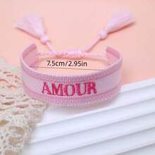 1 pieza Brazalete vintage hecho a mano con bordado francés "AMOUR" y trenzado creativo, adecuado para parejas, regalo para ocasiones especiales - Rosa Pálido - Ver 6