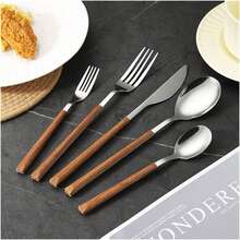30pcs Stainless Steel Cutlery Set, Silverware Set With Wooden Grain Handles, 5-Person Setting, Dishwasher /Easy Clean, Mirror Polished - Silver - View 4