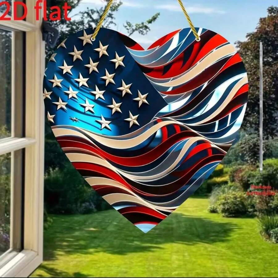 2D Ornement acrylique plat patriotique en forme de cœur - Conception du drapeau américain, Décoration du Jour de l'Indépendance, Attrape-soleil acrylique, Décoration suspendue pour fenêtre pour les jours fériés nationaux sans alimentation électrique, Convient pour 11 jours fériés - A - Voir 1