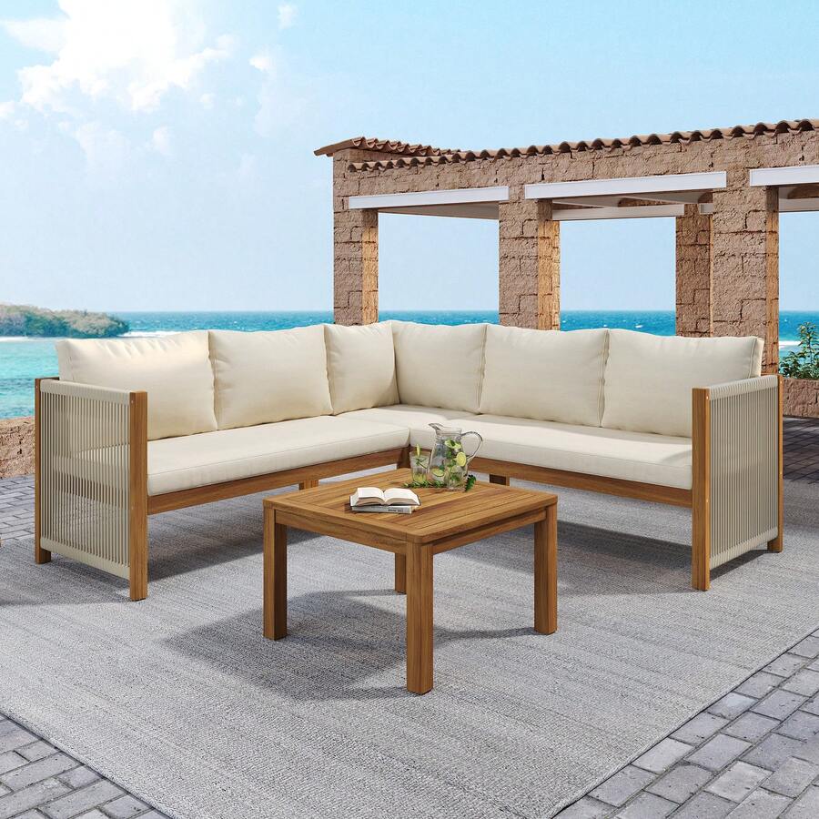 Garden Furniture Set, Corner Sofa + Coffee Table, Acacia Frame And Top, Rope Weave, Beige - Beige - View 1