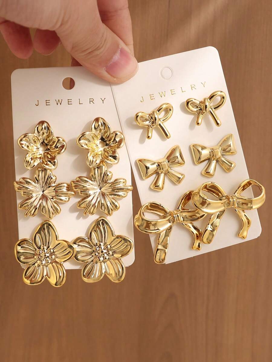 Set de 6/12 piezas de aretes de moda, adecuados para uso diario y vacaciones, hechos de resina ABS con tecnología UV anti-desteñido - Dorado - Ver 1