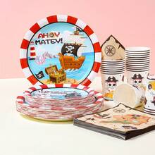 Cartoon Pirate Disposable Tableware Set, 7/9 Inch Party Plates, Disposable Paper Plates, Cups, Napkins, Suitable For Holidays, Weddings, Engagements, Birthdays, Parties, Celebrations - Multicolor - View 1