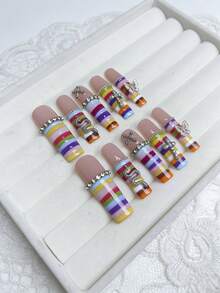 10pcs Luxury Extra Long 7-Color Rainbow 3D Rhinestone Butterfly Glamorous Press-On Nails, Suitable For Girls, Holidays, Weddings, Parties - Nhiều màu - Xem 3
