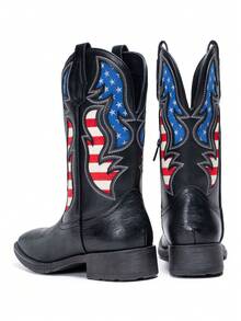 SHOESMALL Men's Black Cowboy Boots Western Boots Side Zipper American Flag Retro Square Toe Mid-Calf Boots For Men - 黑色 - 查看 10