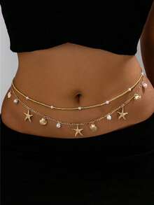 Conjunto de cinturón de doble capa con estrella de mar y concha de estilo bohemio - Cadena corporal con cuentas de perlas falsas - Cinturón ajustable - Multicolor - Ver 13