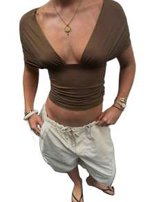Top convertible de 2 en 1 de unicolor para mujer estilo Y2K, top halter hombros descubiertos con lazo en la espalda y plisado para cultivo personal para club y fiesta - Marrón - Ver 3