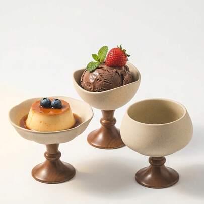 法式复古厚陶瓷甜点杯、冰淇淋杯、慕斯杯、布丁杯，可重复使用不规则陶瓷甜点杯、小吃碗，适用于甜品店、派对、餐厅、厨房装饰
