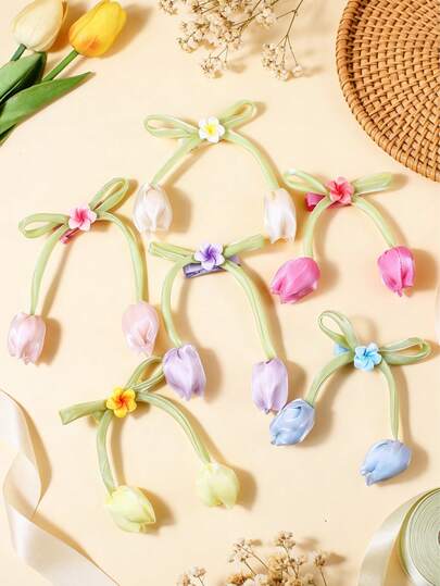 6pcs Women's Spring Fresh Tulip & Bow Hair Clips, Decorative Hair Accessories, Ideal Daily Use Hair Clips, Great Gift For Girls