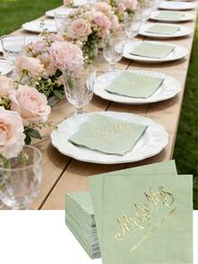 40pcs Elegant Green Napkins With Gold "Mr. & Mrs." Pattern Design, Exquisite Napkins Suitable For Wedding, Birthday, Garden Party, Engagement Party Decor, Wedding Cake Table Decor, And Other Occasions - A - View 2