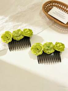 2pcs/Set Girls Realistic Floral Hair Comb, Cute Bun Maker, Hair Accessory For New Year, Wedding, Bridesmaid, Daily, Holiday, Party - Multicolor - View 5