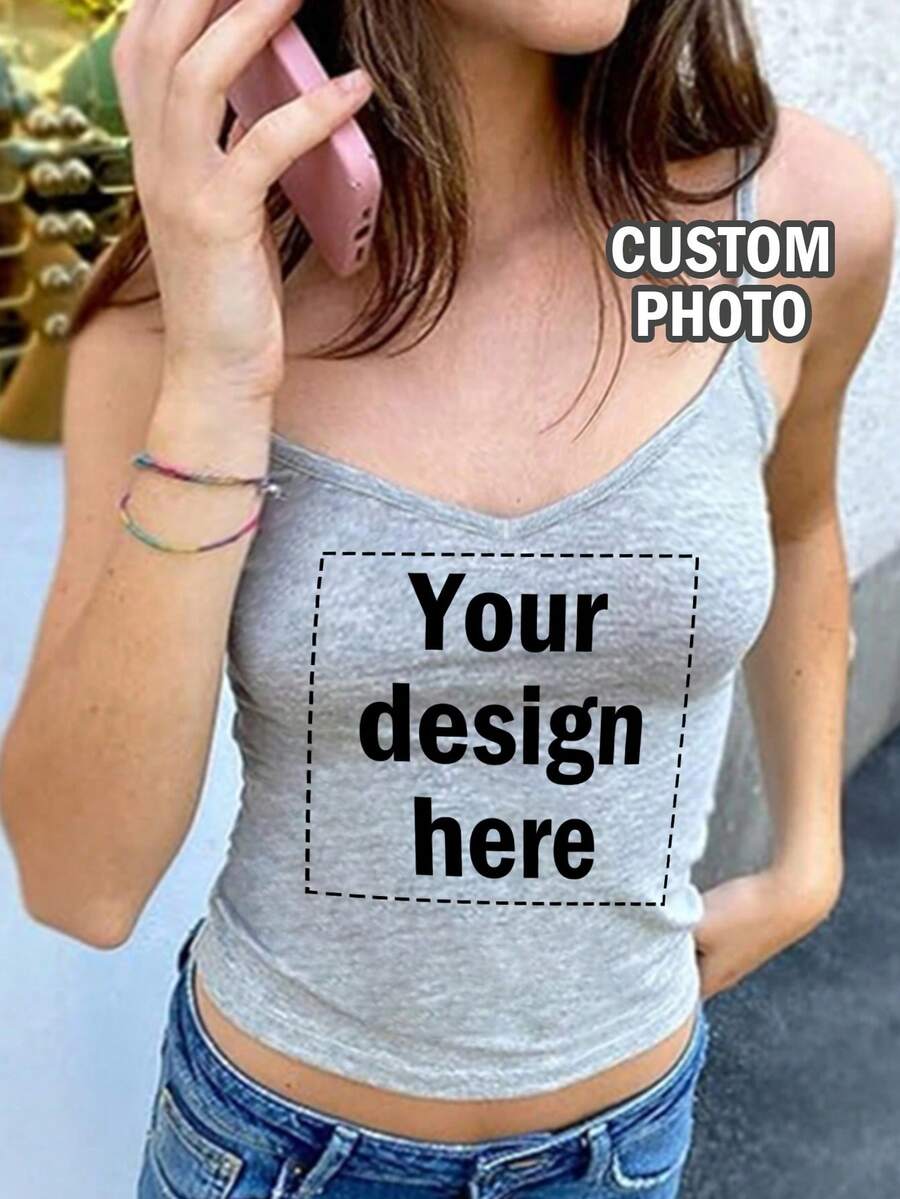 Áo tank top nữ cổ chữ V dây mảnh in theo yêu cầu - Thêm ảnh của riêng bạn (mẫu/logo/ảnh selfie/ảnh thú cưng/ảnh gia đình, v.v.), có thể xóa phông nền, tự thiết kế áo tank top in hình cá nhân hóa, quà tặng theo yêu cầu, áo tank top nữ in theo yêu cầu, quà tặng cho bạn gái/gia đình, quà sinh nhật, quà cưới, áo, áo tank top nữ, áo nữ, áo tank top nữ cổ chữ V in hình, áo nữ, áo nữ mùa hè - Màu Xám nhạt - Xem 1