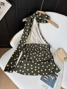 GMFP 女士休闲优雅时尚旅行度假派对不对称波点衬衫，适合音乐节/婚礼季、春夏穿着 - 橄欖綠 - 查看 6