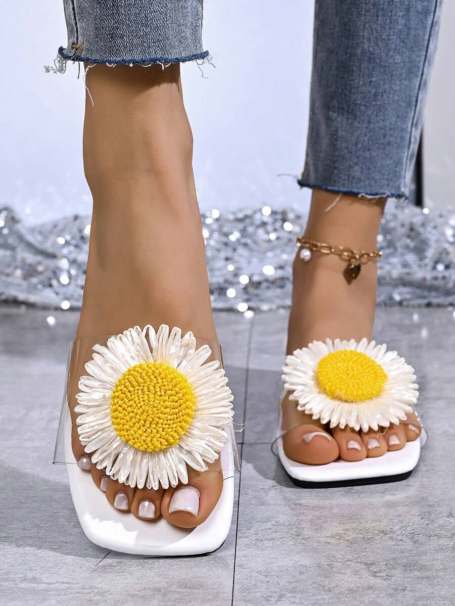 Women's Sunflower 3D Decor Square Toe Flat Slide Sandals, Casual Non-Slip Outdoor Slippers For Summer Beach 2026