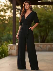 Duna Crepe Lightweight Formal Pantaloon Jumpsuit For Wedding Guest - Black - View 1