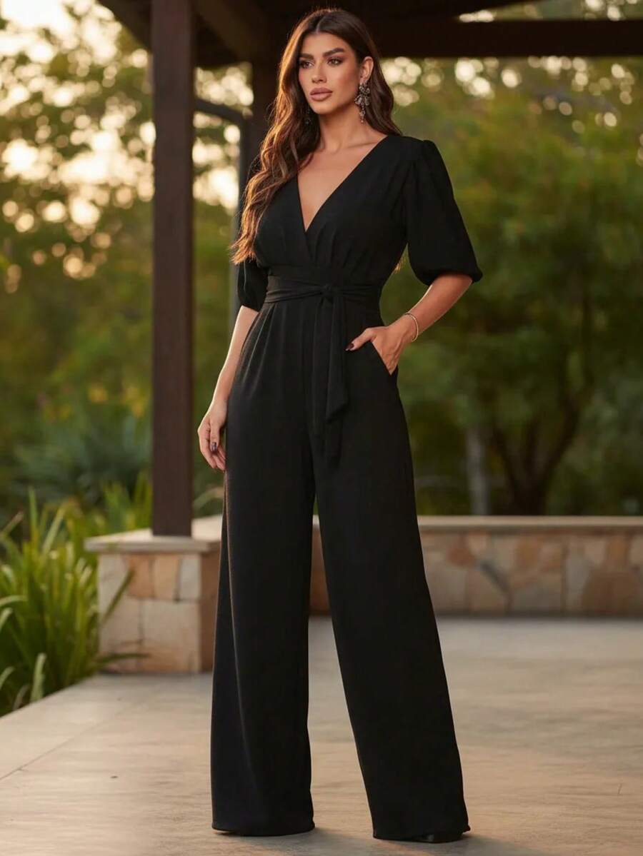 Duna Crepe Lightweight Formal Pantaloon Jumpsuit For Wedding Guest - Black - View 1