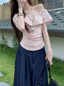 [Y6Y] Áo thun nữ màu hồng trễ vai tay lửng, áo croptop hở vai viền bèo nhún, thích hợp phối cùng quần jeans tối màu mùa hè - Hồng - Xem 4