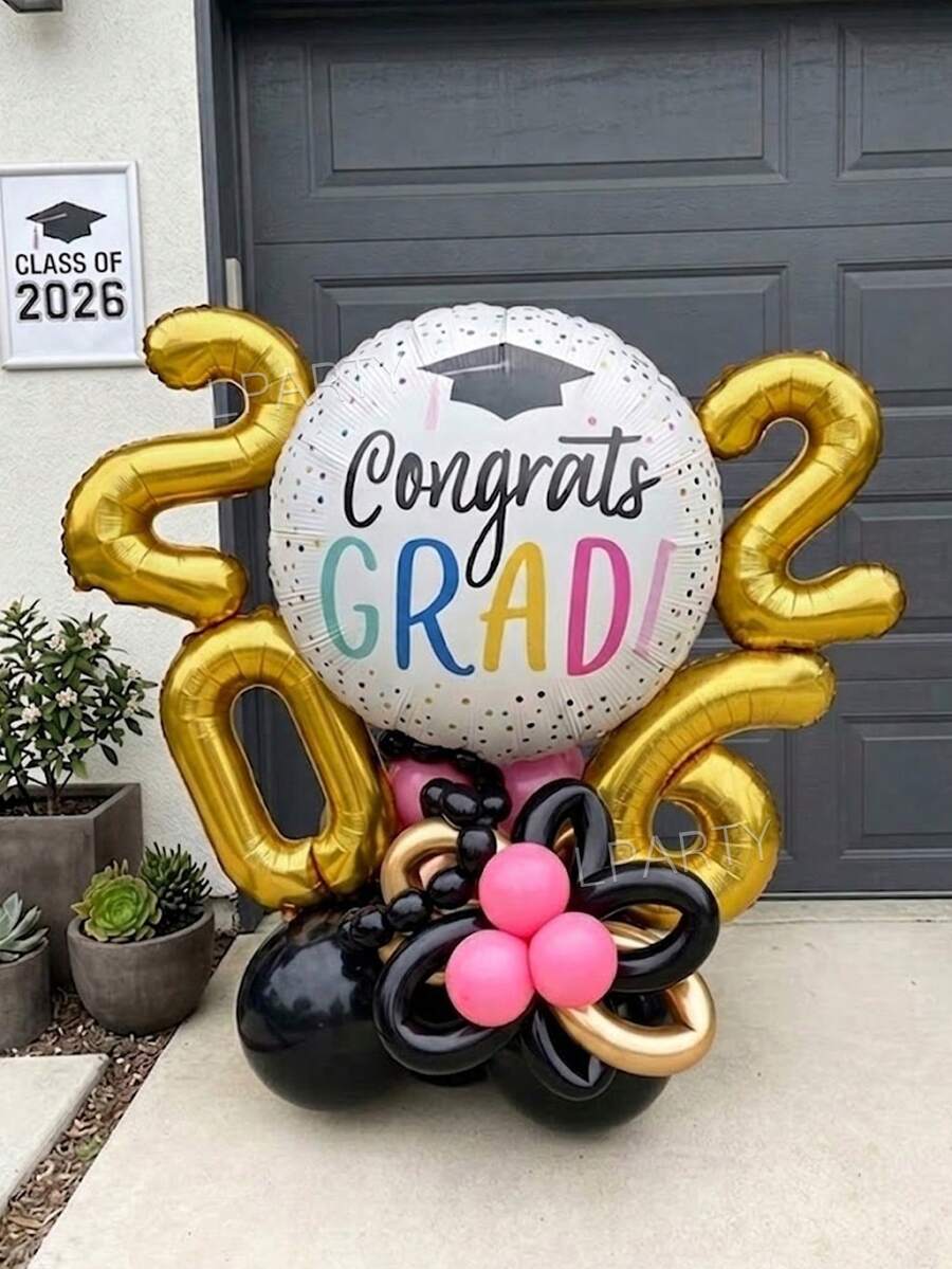22pcs/Set 22" "Congratulations Graduate" Round Foil Balloons, 16" Gold Number "2026" Balloons, 2026 Graduation Party Decorative Balloon Set, 10" Black/Pink Latex Balloons, Suitable For Class Of 2026 Graduation Party Decor - View 1