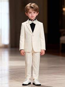 3pcs Boys Suit Set, Beige Blazer With Bowknot And Pants, Suitable For Birthday Party, Wedding And Other Formal Occasions, All Seasons - Beige - View 3