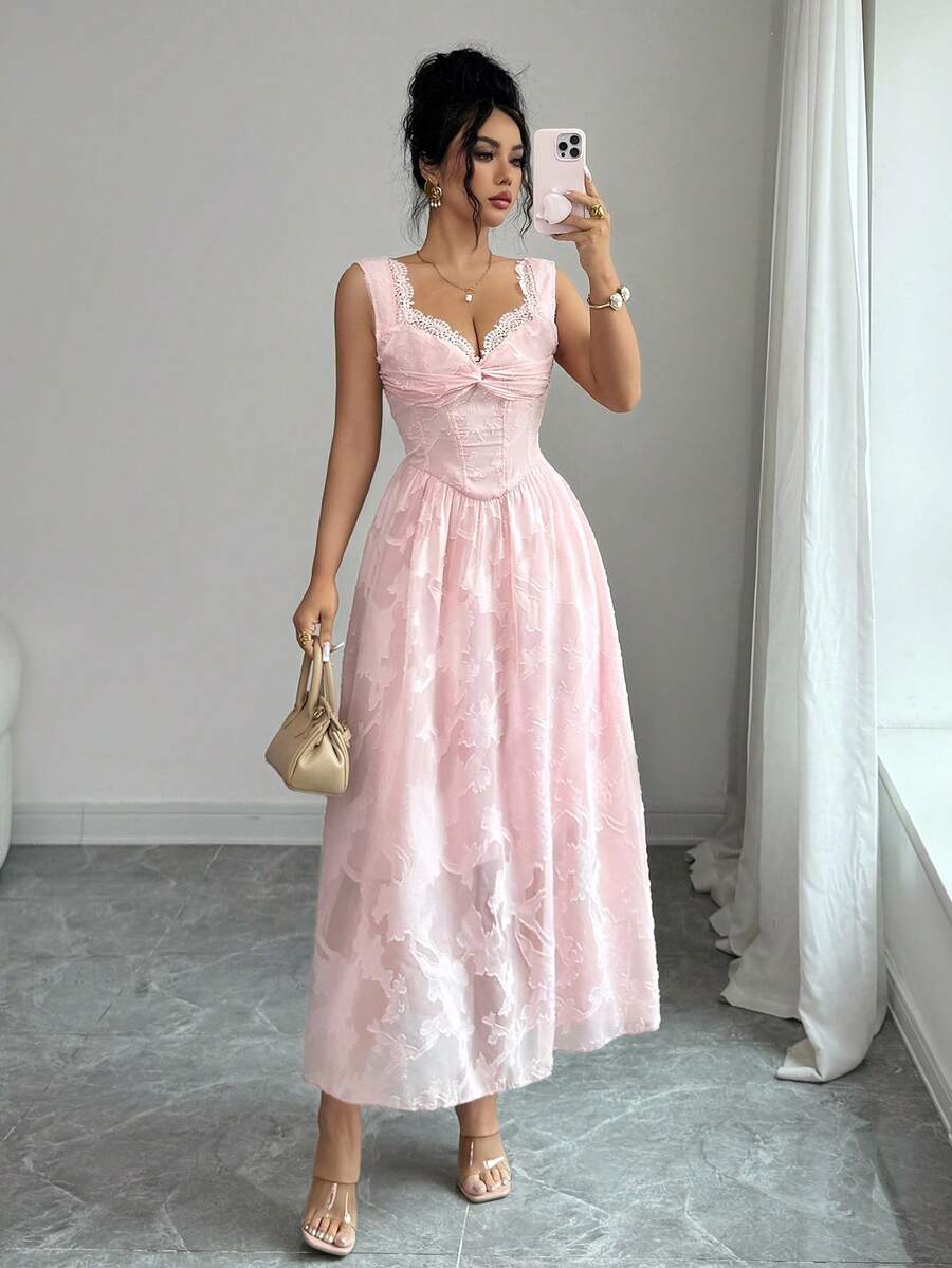 LiIyHouse夏季时尚性感粉色蕾丝V领扭结收腰显瘦长连衣裙，立体提花无袖大摆连衣裙，适合度假、派对、夜间约会、婚礼宾客和宴会等场合。