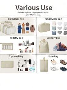 Bộ 7 túi đựng đồ du lịch đa năng, túi zip dung tích lớn, túi xách tay du lịch, túi lưới, túi đựng mỹ phẩm, túi đựng giày, túi đựng chai lọ, túi dây rút, thích hợp đựng quần áo, đồ lót, mỹ phẩm, đồ dùng vệ sinh cá nhân. - Xem 2