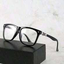 1pc Vintage Square Metal Frame Clear Lens Glasses, Unisex Retro Optical Eyewear - Matte Black - View 5