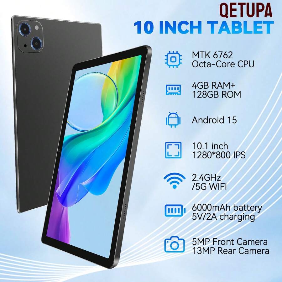 Qetupa 10.1-Inch Android 15 Tablet PC, 4GB RAM + 128GB ROM, HD (1280x800) IPS Touchscreen, 5MP Front Camera & 13MP Rear Camera, 6000mAh Battery, Widevine L1 Certified, No SMI Support, No Adapter Included, Bluetooth, WiFi, Suitable For Adults/Elderly - Black - View 1