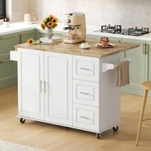 Large Mobile Kitchen Table 137 X 43 (76) X 92 Cm, Oak Countertop, Folding Design, Multifunctional Cabinet, 3 Drawers, Towel Rack, Suitable For Kitchen, Dining Room And Home. - White - View 4