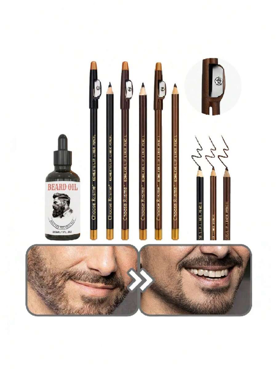 四件套胡须护理套装 | 1瓶胡须油 + 3支胡须造型笔，胡须油滋养修护，剃须后护理，持久留香 | 软化顺滑，造型笔三种色号（黑色/棕色/深棕色）| 适合所有肤色 - 鬍鬚油+鬍鬚描線筆 - 查看 1