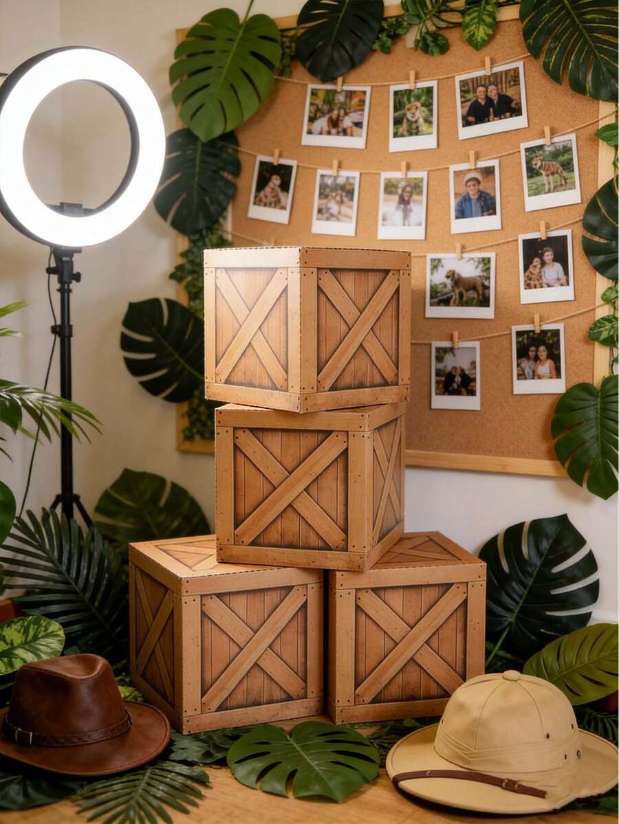 3Pcs Paper Wood Grain Wine Barrel Box,Western Cowboy Party Decoration Boxes,Photo Booth Props,Wild West Theme Party Balloon Box,Gender Reveal Party Decor,Bridal Shower Favors,Birthday Decorations,Organization And Storage,Home Decor - Multicolor - View 1