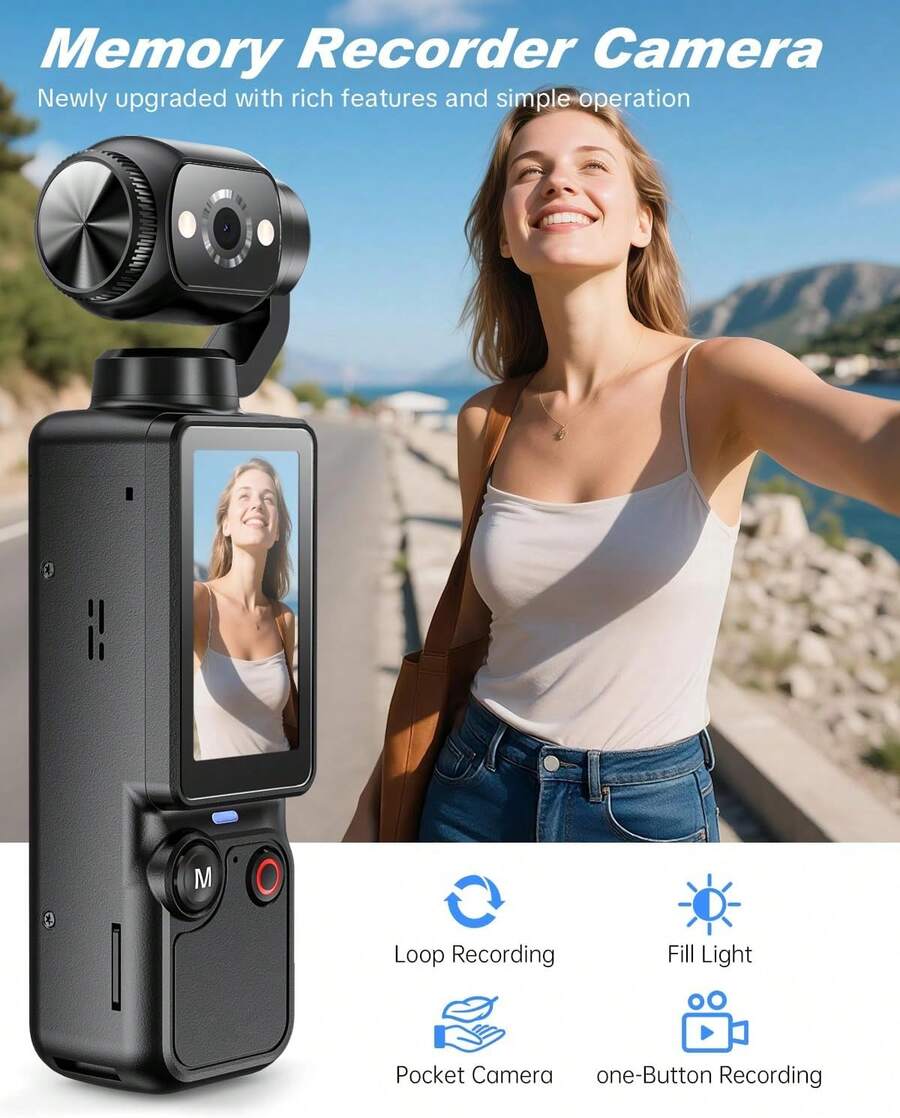 W & O Vlogging Camera With Flash Light 180° Rotating Lens Pocket Handheld POV Camera Audio Video Recording 7H Long Battery One-Button Recording For Travel Daily Life Black - 查看 1
