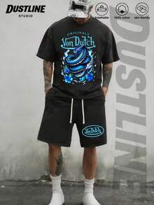 Mens Creative T Shirt And Shorts Set American Vintage Full Print Street Wear Essential T Shirt Set Men Graphic T Shirt And Shorts Set With Dragon And Flowers Print Washed Look Vons Dutchs Logo Design For Casual Outfits Summer Wear - màu đen - Xem 2