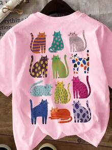 休闲加大码常规袖T恤，饰有趣味多彩猫咪图案，采用舒适高弹面料，粉色。 - 粉色 - 查看 4