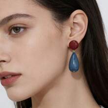 1 Đôi bông tai phong cách Hồng Kông cổ điển tương phản, bông tai hình giọt nước hình học phóng đại, bông tai thời trang độc đáo cho kỳ nghỉ. - Màu xanh lam - Xem 1