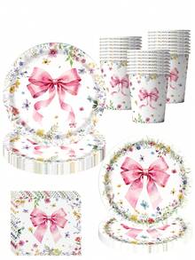 10pcs Pink Ribbon Bow Party Supplies Set, Including Plates, Napkins, Suitable For Wedding, Bachelorette Party, Birthday Party, Girly Theme Events - Multicolor - View 1