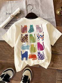 这款休闲可爱女式圆领短袖T恤，采用波西米亚风猫咪图案设计，由高弹面料制成，适合夏季休闲和度假穿着。 - 杏色 - 查看 3