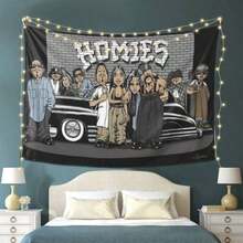 SnoopGangTapestry Homies Wall Hanging Tapestry - Urban Street Art Design With Vintage Car & Brick Wall Graffiti High-Quality Peach Light Beige Fabric Horizontal Wall Decor For Bedroom Office Party - Perfect Gift For Hip-Hop Fans Office Artwork Cartoon Style Graphic Sleek Texture - A - View 6