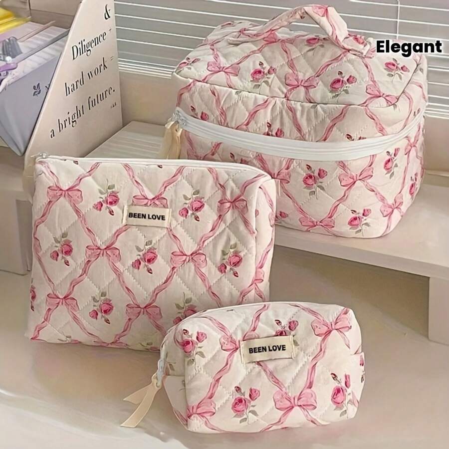 Bộ túi đựng mỹ phẩm nơ hoa hồng màu hồng, túi đựng đồ trang điểm bằng vải cotton chần bông, túi đựng đồ vệ sinh cá nhân dễ thương kiểu sinh viên, thích hợp cho du lịch và sử dụng hàng ngày. - Nhiều màu - Xem 1