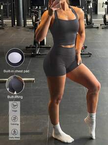 GAOVOT 女士夏季休闲两件套，包括吊带背心和高腰紧身短裤，适合健身、跑步、瑜伽等场合。 - 深灰色 - 查看 1