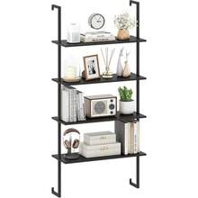 4-Tier Wall-Mounted Bookshelf, Industrial Modern Floating Storage Display Shelves With Metal Frame, Wall-Mounted Ladder Wooden Bookcase For Living Room, Kitchen, Bar, Office (1, Black) - Đen - Xem 7