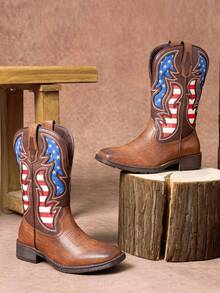 SHOESMALL Men's Brown Cowboy Boots Western Boots Side Zipper American Flag Retro Square Toe Mid-Calf Boots For Men - màu nâu - Xem 1