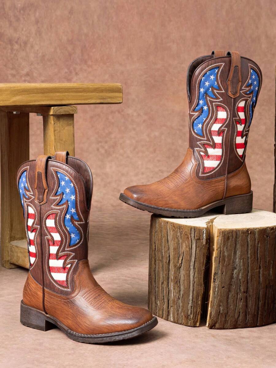 SHOESMALL Men's Brown Cowboy Boots Western Boots Side Zipper American Flag Retro Square Toe Mid-Calf Boots For Men - màu nâu - Xem 1