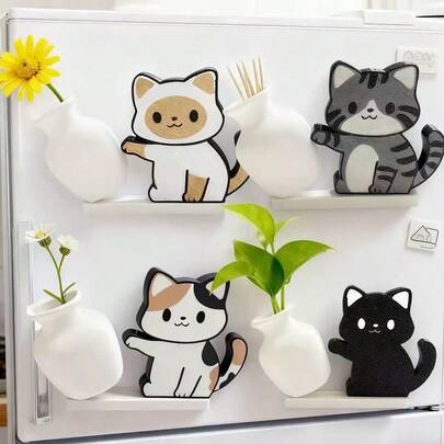 1 pieza/4 piezas Imanes de refrigerador con diseño de gato empujando un jarrón - Diseño lindo de gatito, especialmente hecho para amantes de los gatos, que muestra una decoración personalizada para el hogar y la oficina